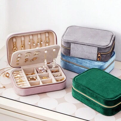 CASEGRACE 1个天鹅绒拉链首饰盒，三层首饰收纳盒，多功能首饰收纳盒，旅行便携首饰收纳盒，可收纳耳环、项链、戒指、手表、发饰，返校季礼物
