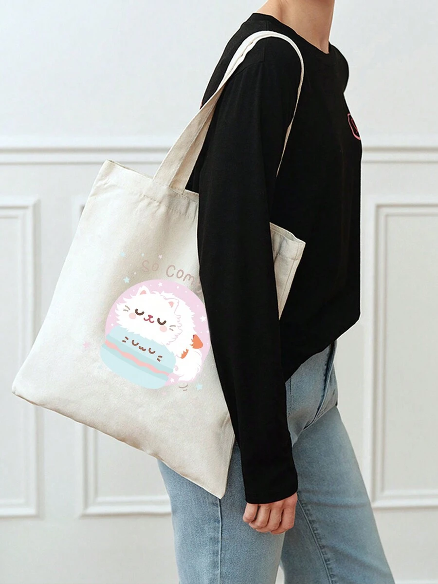 2024 新款卡通可爱猫咪图案米色韩版学生帆布单肩包 - 米色 - 查看 1