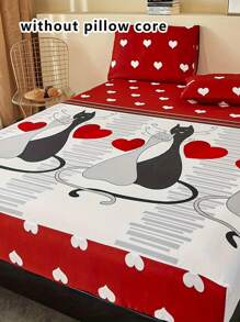 3入組/套情人節心形和貓咪圖案床笠套裝無填充物臥室卡通布藝床上用品床笠套裝 - 彩色 - 查看 1