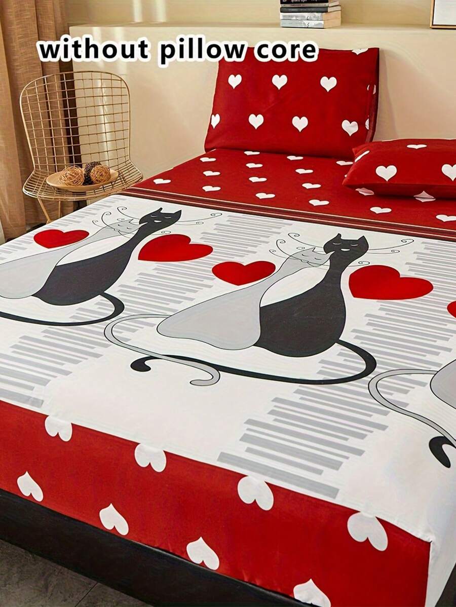 3入組/套情人節心形和貓咪圖案床笠套裝無填充物臥室卡通布藝床上用品床笠套裝 - 彩色 - 查看 1