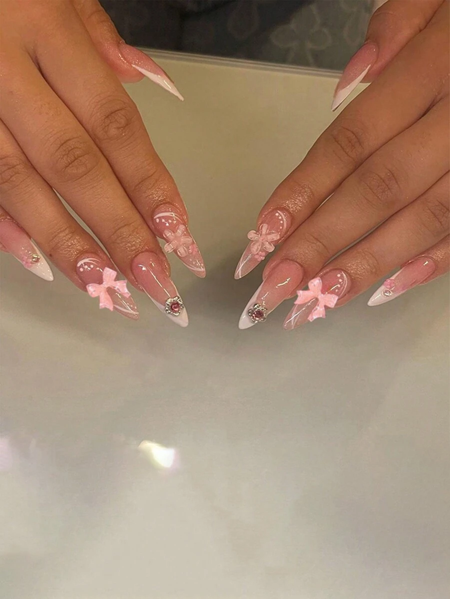 24 piezas de elegantes uñas postizas medianas de tono rosa con flores vibrantes adornadas con lazos 3D, corazones y diamantes de imitación brillantes, ideal para tertulias de verano - Multicolor - Ver 1