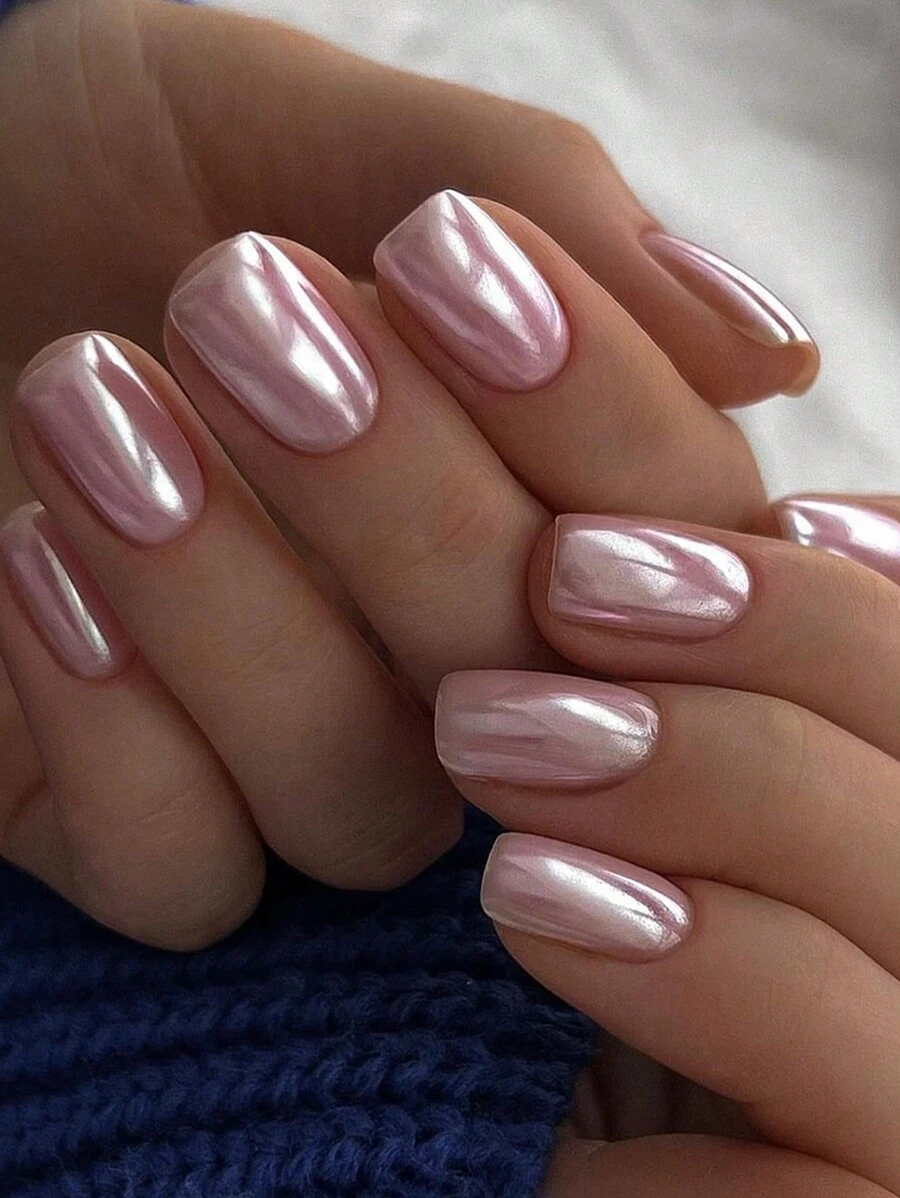 24pcs Neutral Long Square Shape Nail Nails Ghrome Finish Pink Solid Press On Nails Acrylic Nails Fake Nails Nails Manicure Set Includes 1sheet Adhesive Tabs & 1pc Mini File Perfect For Everyday Wear - Multicolor - View 1