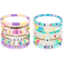 14Pcs/Set Preppy Bracelets Set LOVE Shell Evil Eye Beaded Polymer Clay Stackable Charm Kidcore Summer Beach Bracelets For Girl - Multicolor - View 1
