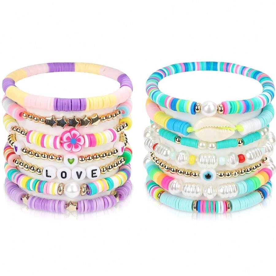 14Pcs/Set Preppy Bracelets Set LOVE Shell Evil Eye Beaded Polymer Clay Stackable Charm Kidcore Summer Beach Bracelets For Girl - Multicolor - View 1