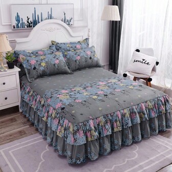 3pcs Bed Skirt Set, Printed All Seasons Anti-Slip Bedspread Bedding Set, Bedroom Guest Room Bedding ( Bed Skirt*1 + Pillowcase*2, Without Core ) Bedroom Decoration