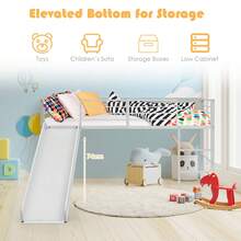 Kids Single Loft Bed, Low Loft Bed Steel Frame W/ 4-Side Guardrails, 2-Step Ladder & Slide - White - View 8