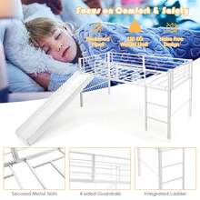 Kids Single Loft Bed, Low Loft Bed Steel Frame W/ 4-Side Guardrails, 2-Step Ladder & Slide - White - View 7