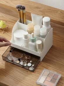 1pc Witte Minimalistische Make-up Organizer Box Met Laden, Luxe Cosmetische Opbergcontainer Voor Op Het Bureau