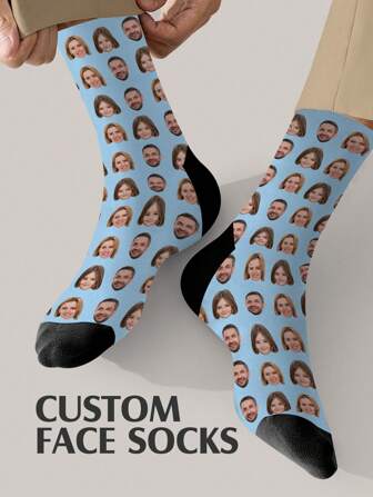 1 Pair Customized Face Socks, Personalized Photo Printed Socks, Unique Face Design Socks, Can Print Any Face On Socks, Anniversary Gift, Valentine's Day Gift, Birthday Gift, Wedding Gift, Men's Customized Socks, Fashionable Autumn Style, Suitable For Fitness Enthusiasts