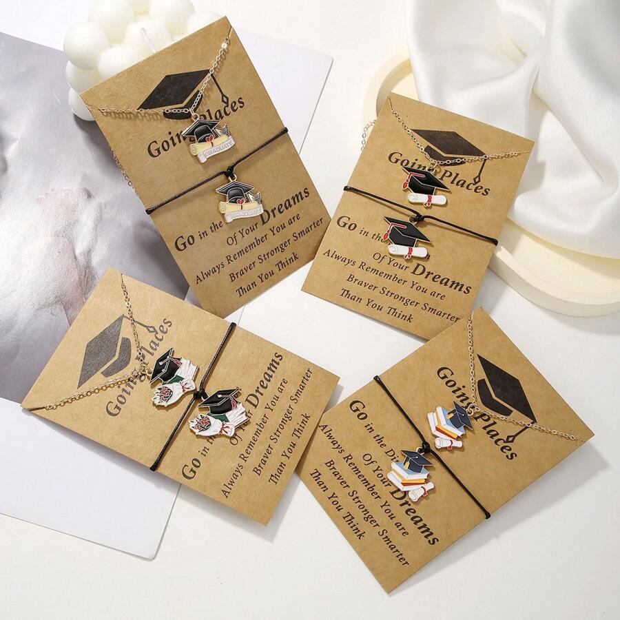 2pcs/Set Necklace + Bracelet, New Graduation Season Card Bracelet With Golden Flower, Doctoral Cap Rope Braid Graduation Bracelet Greetings Gift, College Style Jewelry, Versatile Accessories For Friend And Festivals