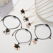 2pcs/Set Necklace + Bracelet, New Graduation Season Card Bracelet With Golden Flower, Doctoral Cap Rope Braid Graduation Bracelet Greetings Gift, College Style Jewelry, Versatile Accessories For Friend And Festivals