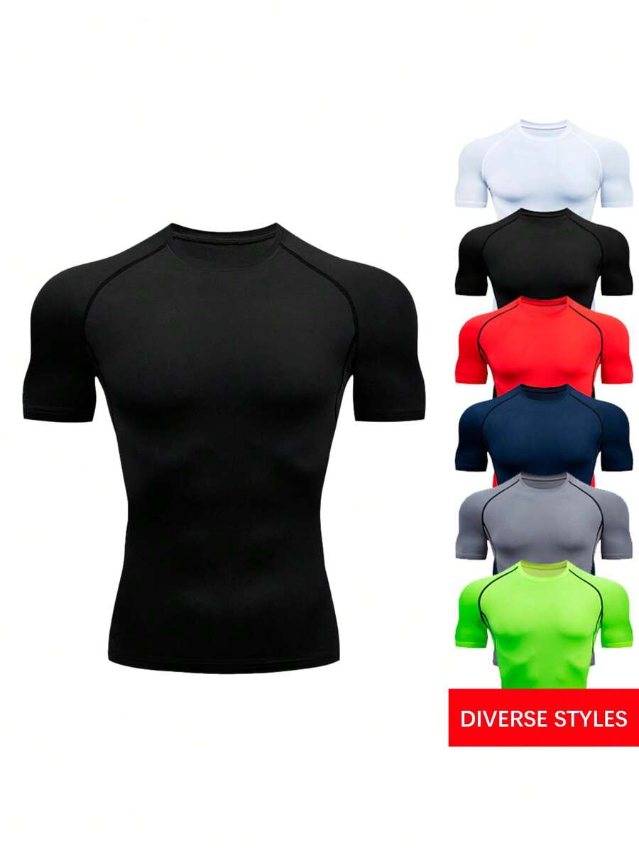 Boyfriend Style Men Compression Shirt Short Sleeve Gym T-Shirt Running Top Cool Dry Sports Base Layer Workout Undershirt Black Summer - Black - View 1
