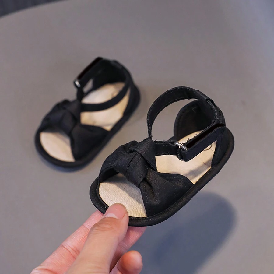 1pair Girls' Bowknot Canvas Shoes With Strap Design, Flat Cute Sandals For Summer - Black - View 1
