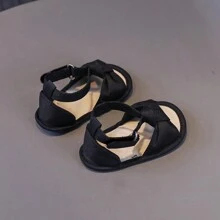 1pair Girls' Bowknot Canvas Shoes With Strap Design, Flat Cute Sandals For Summer - Black - View 3