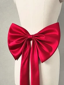 One Wine Red Satin Single Layer Large Bowknot + Ribbon Belt Waist Decoration - Multicolor - View 4
