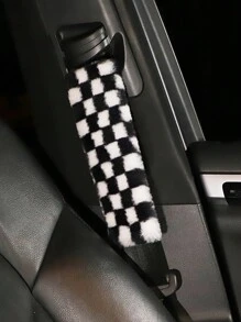 2pcs Plush Houndstooth Car Seat Belt Covers, Comfortable Car Accessories - Black and White - View 3