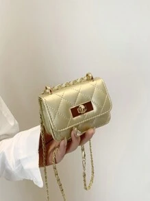 New Mini Square Bag Women Handbag Diamond Pattern Stitching Shoulder Bag Woven Chain Bag Flip Small Bag Cute Diagonal Cross-Body Bag Accessories Bag , New Year , Cute , Kawaii - Gold - View 4