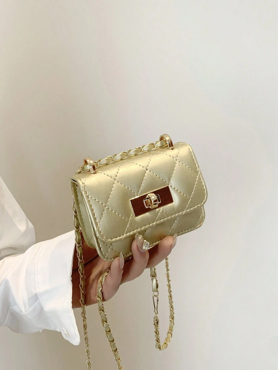 SHEIN BAE Nueva mini bolsa cuadrada para mujer, bolso de hombro con patrón de diamantes, costura, bolso de cadena trenzada, pequeño bolso con solapa, bolso cruzado diagonal lindo