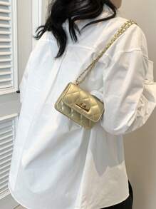 New Mini Square Bag Women Handbag Diamond Pattern Stitching Shoulder Bag Woven Chain Bag Flip Small Bag Cute Diagonal Cross-Body Bag Accessories Bag , New Year , Cute , Kawaii - Gold - View 6