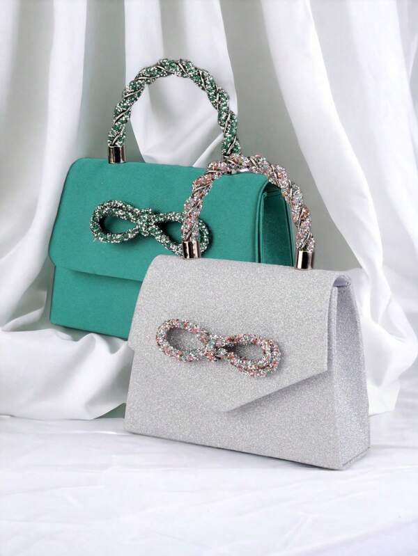 Fashionable, Elegant, Ladies' Evening Clutch, Shoulder Bag, Banquet Purse, Bow Tie, Metallic Chain, Rhinestone Embellishments, Sparkling, Adorned With A Bow. Suitable For Parties, Gatherings, Weddings, Balls, Dinners, Dates, Vacations. Valentines