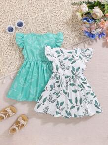 Baby Girl Spring 2-Piece Set Flutter Sleeve Leaf Printed Dress Outfit - Green - View 2