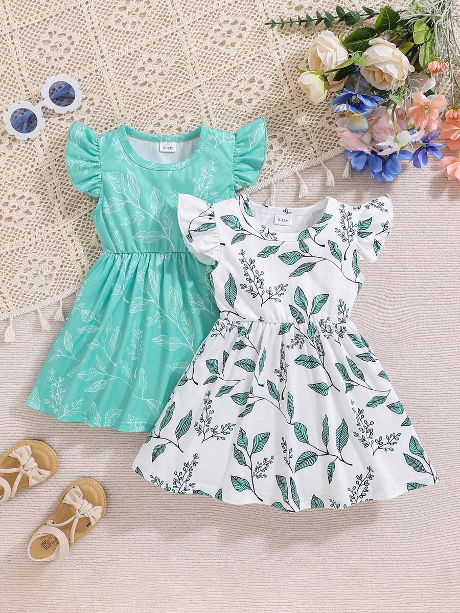 Baby Girl Spring 2-Piece Set Flutter Sleeve Leaf Printed Dress Outfit - Green - View 1