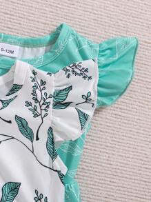 Baby Girl Spring 2-Piece Set Flutter Sleeve Leaf Printed Dress Outfit - Green - View 4
