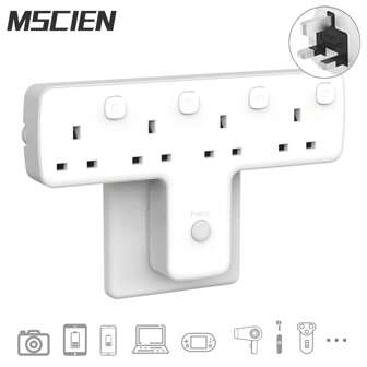1pc Mscien UK Plug Multi Plug Adaptor, Plug Extension With Independent Switches, 4 Way Plug Adapter UK Built-In Surge Protector, 4 In 1 Wall Socket Plug Extender With 180 Degree Rotation Button