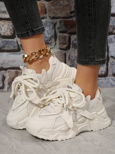 Khaki Chunky Sneakers Women Mesh Thick Sole Sports Shoes With Lace-Up
