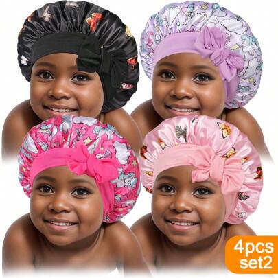 4pcs/Set Printed Children Bonnet With Tassel Design, Silky Satin Fashion Sleep Cap, Comfortable Soft And Cute Hair Accessories For Daily Wear