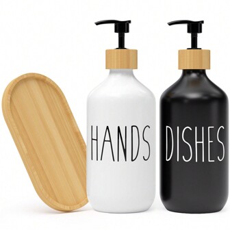 2 piezas Dispensador de jabón con acabado negro y blanco con 1 bandeja, botella de jabón líquido para encimera con bomba, botellas vacías reutilizables para champú, gel de ducha, acondicionador, accesorios de baño, decoración del hogar, muebles del hogar, decoración de otoño, de vuelta a la escuela