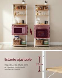 SONGMICS HOME Estantería de Cocina, Estantería de Panadería, 6 Estantes y 6 Ganchos, para Microondas, Marco de Acero, Industrial, 40 x 60 x 167 cm, Roble y Blanco - Blanco - Ver 6