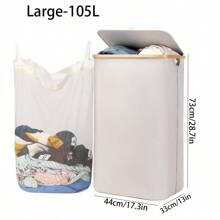 1个大容量带盖洗衣篮，100升高款洗衣收纳篮，可折叠带提手脏衣篮，防水可拆卸内袋，适用于卧室衣物（连衣裙、裤子、鞋子、牛仔裤、靴子、裙子）洗衣篮、浴室收纳篮、可折叠洗衣篮 - 米色 - 查看 16