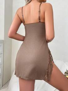 Romantic Side Split Spaghetti Strap Nightgown Dress With Bow Decorated Patchwork - Khaki - View 3