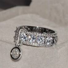 1 pièce Anneau De Cuivre Élégant Pour Femme Avec Pendentif Circulaire Incrusté De Brillants Pour Un Port Quotidien - Argent - Voir 15