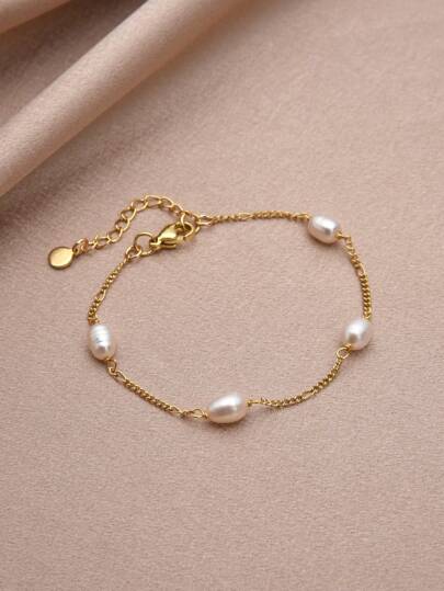 1pc Fashionable 18K Gold Plated Natural Pearl Women Bracelet