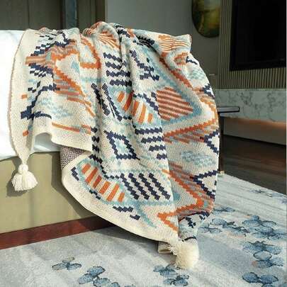 1pc Geometric Pattern Bed Blanket, Nordic Style Polyester Rectangle Knitted Bed Blanket Suitable For Home And Office Use, Daily Use