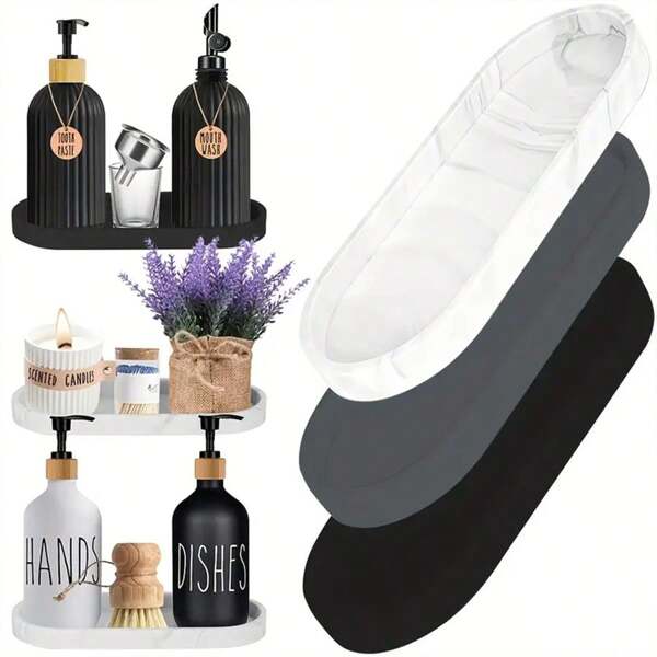1pc Silicone Oval Bathroom Storage Tray, Vanity Tray, Toilet Tank Tray Soap And Sponge Holder Kitchen Sink Organizer For Scrubber, Lotion Bottles, Perfume, Jewelry, Candle, Key Trinket Ring