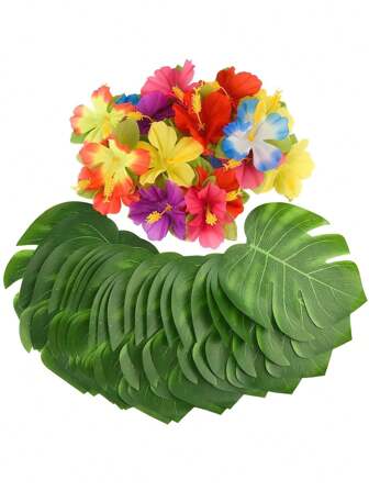 20/40 件人造热带棕榈叶丝绸芙蓉花仿龟背竹仿真叶假叶适用于夏威夷宴会丛林海滩桌派对用品装饰、圣诞节