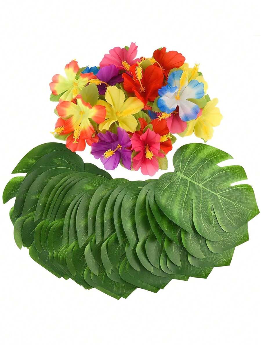 20/40 件人造热带棕榈叶丝绸芙蓉花仿龟背竹仿真叶假叶适用于夏威夷宴会丛林海滩桌派对用品装饰、圣诞节