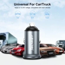 Cargador rápido de coche de aleación de aluminio de 38W con QC3.0 + PD, pequeño y portátil, con 2 puertos USB tipo C, incluye cables de datos