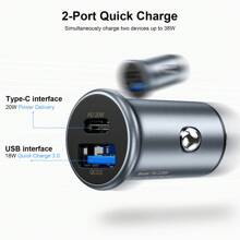 Cargador rápido de coche de aleación de aluminio de 38W con QC3.0 + PD, pequeño y portátil, con 2 puertos USB tipo C, incluye cables de datos