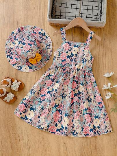 Conjunto de Vestido Camiseta com Laço nas Costas Estampa de Flores e Chapéu para Festa, Praia, Férias, Roupas de Verão para Meninas Jovens