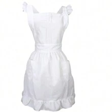 1pc White Retro Adjustable Apron With Ruffle Trim & Pockets For Kitchen Cooking Baking Cleaning Maid Costume, Cute Vintage Kitchen Cooking Apron Suitable For Women/Girls Vintage Baking Victorian Era Apron - White - View 5