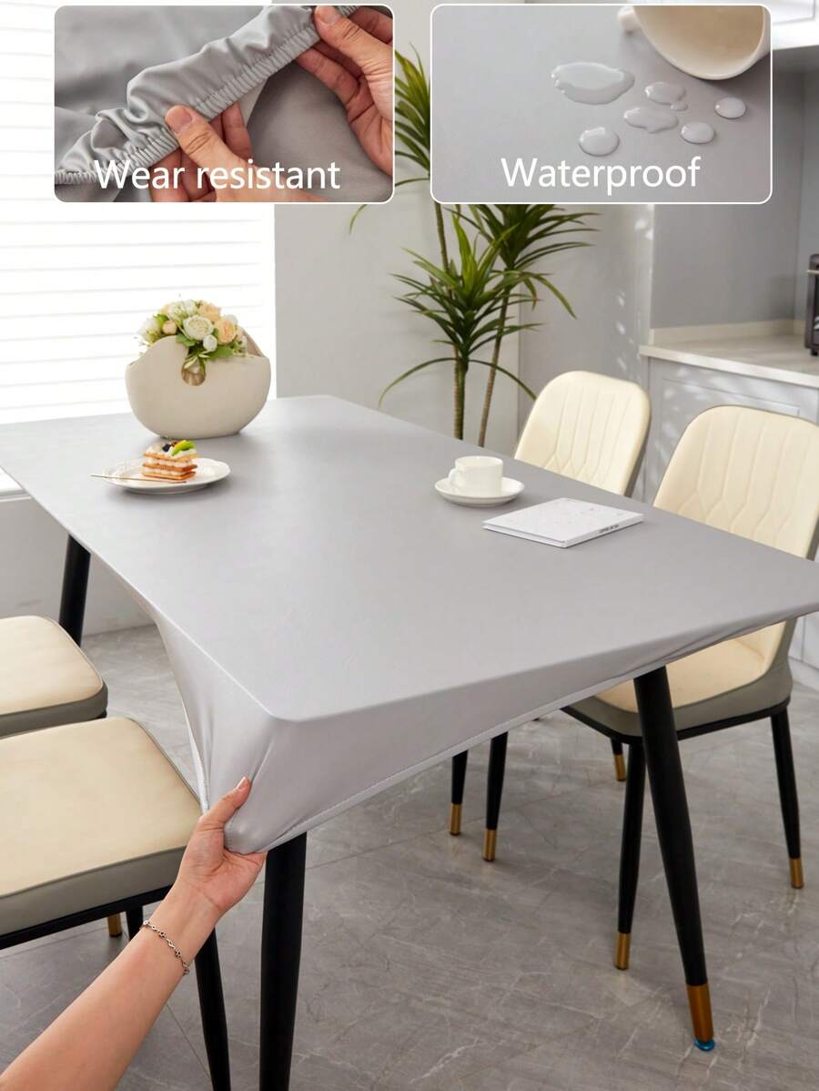 1pc Waterproof Tablecloth, Solid Color, Oil-Proof, Luxurious & Fashionable, For Dining Table, Coffee Table, Desk, Dust-Proof, Reusable Protective Cover - Grey - View 1