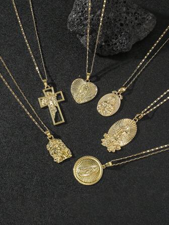 6 buc. Colier mixt unisex cu pandantiv în stil european și american, combinație de cruce, Maria, elemente de Isus, set de colier cu pandantiv în stil hip hop de culoare aurie