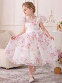 Young Girl Lovely Printed Princess Style Dress With Mesh And Flowers Design , Suitable For Parties, Performances, Shows, Daily Wear, Festivals, Parades, Birthdays, Banquets, Stages And Music Concerts. - White - View 4