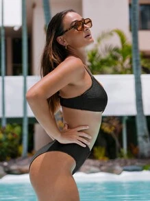 popvil Women's Fashionable Summer 2pcs Solid Color Bikini Set For Pool & Beach Vacations - Black - View 3