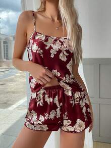 2 Chiếc Gợi Cảm Burgundy In Hình Nữ Xuân/Hè Da Báo Cami Trên Và Quần Short Pyjama Set Mặc Nhà - Màu Đỏ Sâu - Xem 3