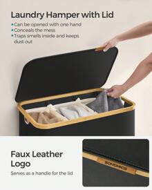 SONGMICS Laundry Basket With Lid, 3-Section Large Laundry Hamper, 150L, Removable Mesh Liner, Oxford Fabric, Bamboo Handles, Collapsible, 60 X 38.5 X 70.5 Cm, Ink Black - 黑色 - 查看 3